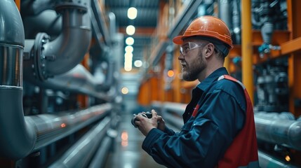 Fototapeta na wymiar A plumber checking a pipe in an industrial building. Generative AI.
