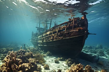 Zelfklevend Fotobehang Shipwreck on the seabed of the Indonesian Maldives archipelago © wendi