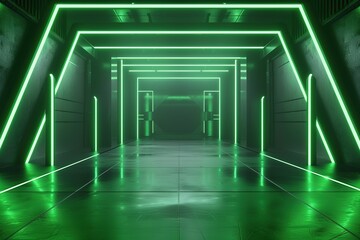 Empty green space, neon lights, Futuristic, modern interior, future room style or spaceship, sci-fi, hi-tech, background, 3D rendering.
