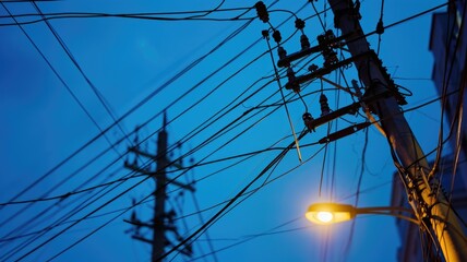 mobile network and tangled web of electric wires and utility poles on city background