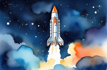 Rocket takes off into space. Space background. Watercolor Illustration.
