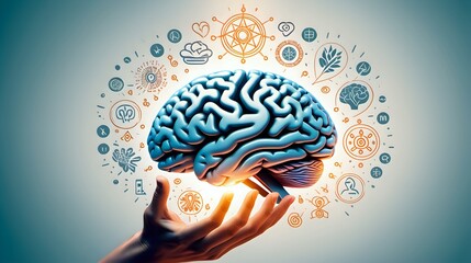 A person gently cradling a radiant human brain in their hands, the soft glow reflecting a commitment to brain health and cognitive well-being.