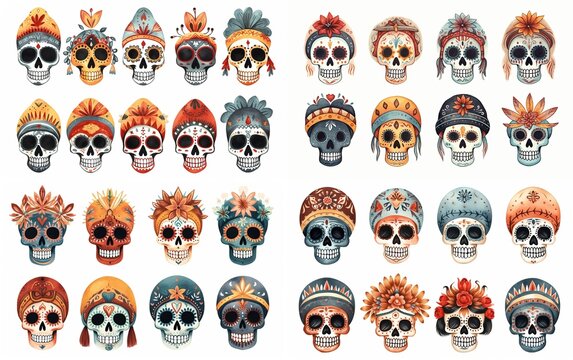 watercolor cartoon cute skeleton skull fanciful decorated with flowers, feather, and hat , día de los muertos, day of the dead, collection set isolated on white background, Generative Ai