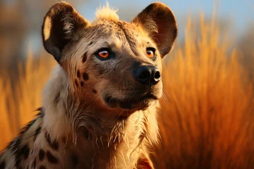 Poster Striped hyena close up sunset light background © wendi