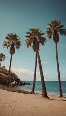 retro-style palm trees in spring on a beach. 
