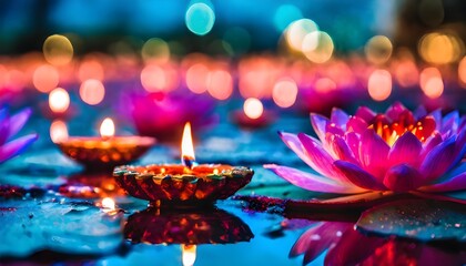 Lotus flowers and diyas oil lamps. Diwali is an Indian holiday, the festival of fire. 