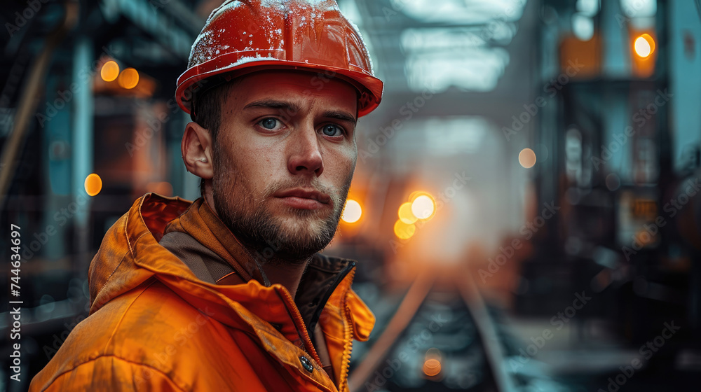 Poster a worker in a steel mill factory looking into the camera. generative ai.
