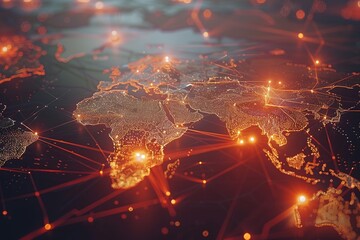 Network background images concept world map point and line node telecommunication internet 5G network communication transportation background red and black technology futuristic 