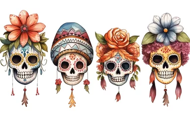 Papier Peint photo Crâne aquarelle watercolor cartoon cute skeleton skull fanciful decorated with flowers, feather, and hat , día de los muertos, day of the dead, collection set isolated on white background, Generative Ai