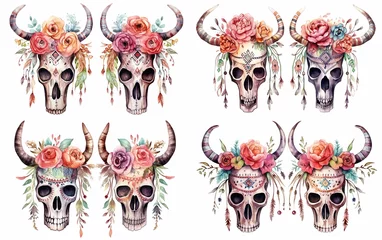 Papier Peint photo Crâne aquarelle watercolor cartoon skeleton skull with horn decorated with spring flower headdress, día de los muertos, day of the dead, collection set isolated on white background, Generative Ai