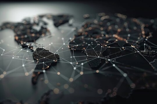 Network background images concept world map point and line node telecommunication internet 5G network communication transportation background blue and black technology futuristic 