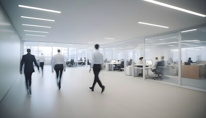 business people walking in bright office lobby fast moving with blurry, crowded office workplace people walking in corridor, busy business people executives walking in office building interior lobby