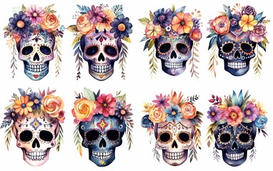 watercolor cartoon cute skeleton skull decorated with make up and spring flower headdress, día de los muertos, day of the dead, collection set isolated on white background, Generative Ai