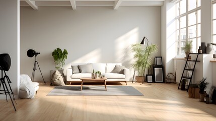 Obraz na płótnie Canvas Panoramic view of modern living room with white sofa and wooden floor. 3d rendering