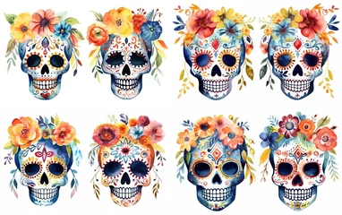 Papier Peint photo Crâne aquarelle watercolor cartoon cute skeleton skull decorated with make up and spring flower headdress, día de los muertos, day of the dead, collection set isolated on white background, Generative Ai