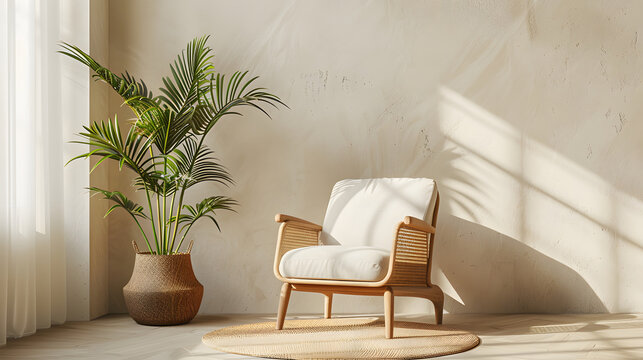 Fototapeta View of modern scandinavian style interior with chair and trendy vase, Home staging and minimalism concept