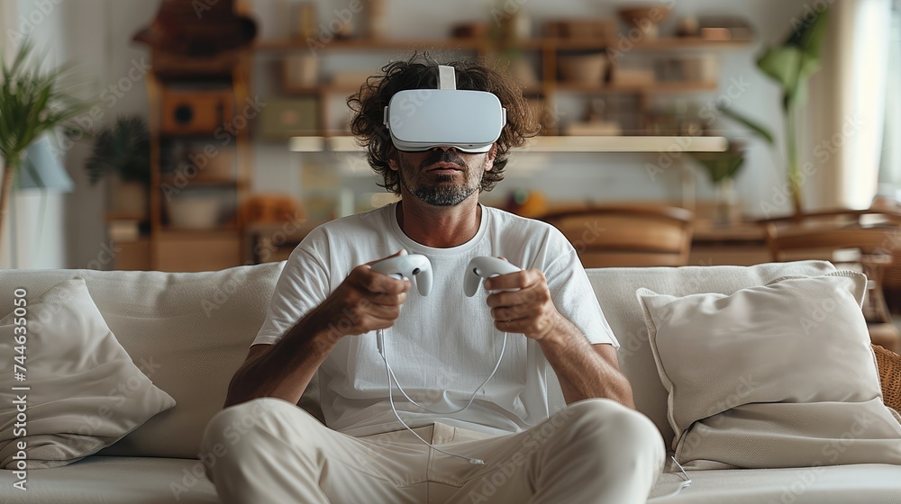 Aufkleber a man is sitting on a sofa wearing vr goggles, holding white controllers in both hands. generative a
