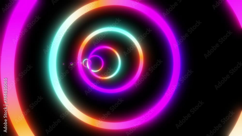 Poster neon tunnel of circles. animation of dynamic circles in black space. 4k video for your project.