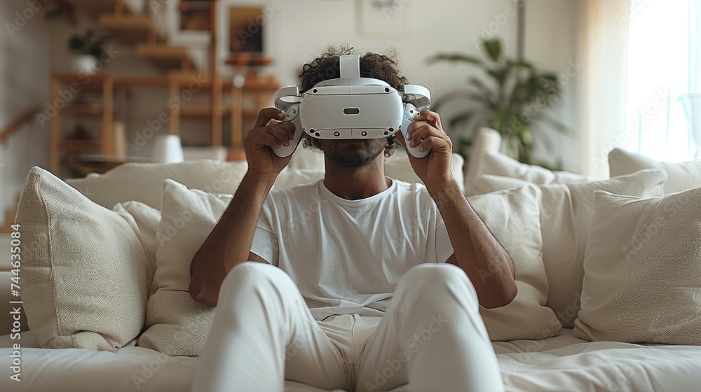 Aufkleber a man is sitting on a sofa wearing vr goggles, holding white controllers in both hands. generative a