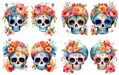 watercolor cartoon cute skeleton skull decorated with make up and spring flower headdress, día de los muertos, day of the dead, collection set isolated on white background, Generative Ai