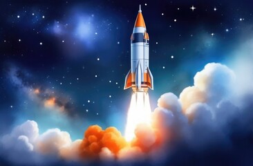 Rocket takes off into space. Space background. Illustration.