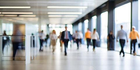 business people walking in bright office lobby fast moving with blurry, crowded office workplace people walking in corridor, busy business people executives walking in office building interior lobby