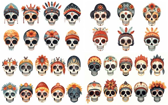 watercolor cartoon skeleton skull decorated with feathers headdress, día de los muertos, day of the dead, collection set isolated on white background, Generative Ai