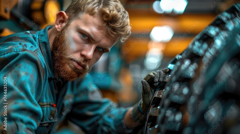 Poster a professional working on a pushback tractor parts. generative ai.