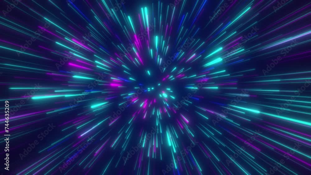 Poster neon colored lines move in space. a journey in space. 4k video for your project.
