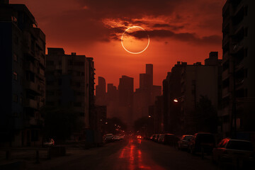 Obraz premium The lunar eclipse from various corners of the city