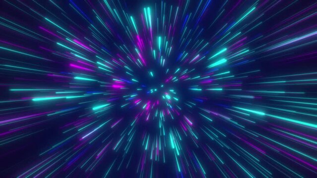 Neon colored lines move in space. A journey in space. 4k video for your project.