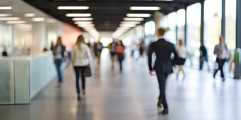 Fototapeta premium business people walking in bright office lobby fast moving with blurry, crowded office workplace people walking in corridor, busy business people executives walking in office building interior lobby