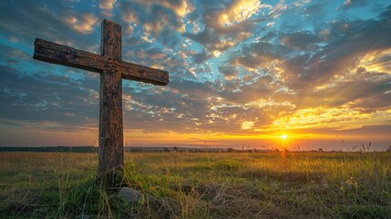 Holy cross on hill with dramatic sunrise background for Easter Christian resurrection of Jesus Christ. - obrazy, fototapety, plakaty