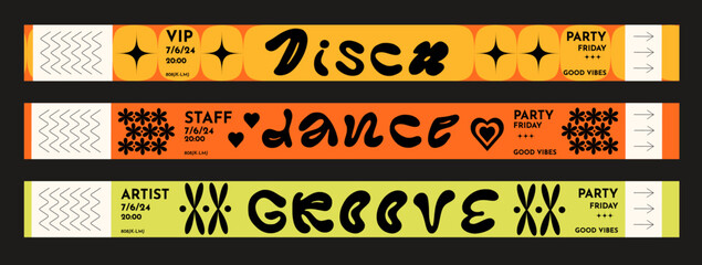 Set of control tickets mockup for parties, events, festivals, open-air, disco, raves, staff, artist, VIP. Collection of vector festival paper bracelet in a bold, groovy, funky, hippie, 60s, 70s style - obrazy, fototapety, plakaty