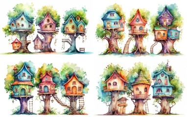 Naklejka premium watercolor cartoon treehouse village in forest, collection set isolated on white background, Generative Ai 