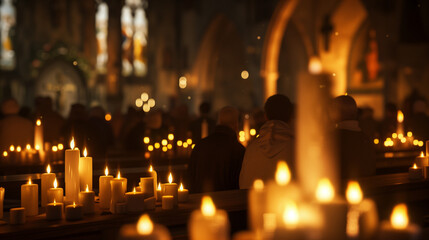 Candlelit Devotion: Warm Glow of Numerous Candles Illuminating a Church Interior with Faithful Worshippers During a Spiritual Ceremony