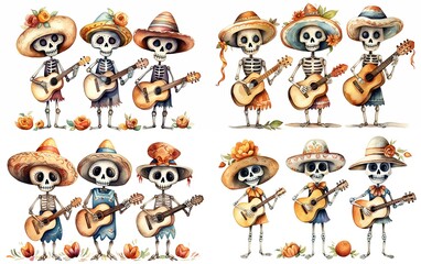 Fototapeta premium watercolor cartoon cute skeleton banjoist happy cheerful with spring flowers blossoming , día de los muertos, day of the dead, collection set isolated on white background, Generative Ai