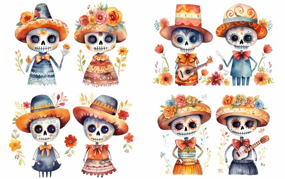 watercolor cartoon cute skeleton skull lady and gentleman character, banjoist happy cheerful, día de los muertos, day of the dead, collection set isolated on white background, Generative Ai