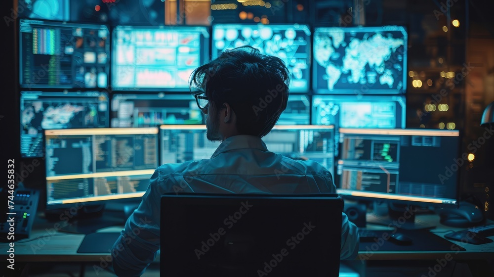 Leinwandbilder a researcher sitting in front of multiple computer screens, analyzing complex data late into the nig