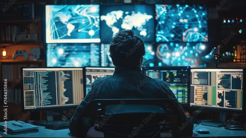 Poster A researcher sitting in front of multiple computer screens, analyzing complex data late into the night. Generative AI.
