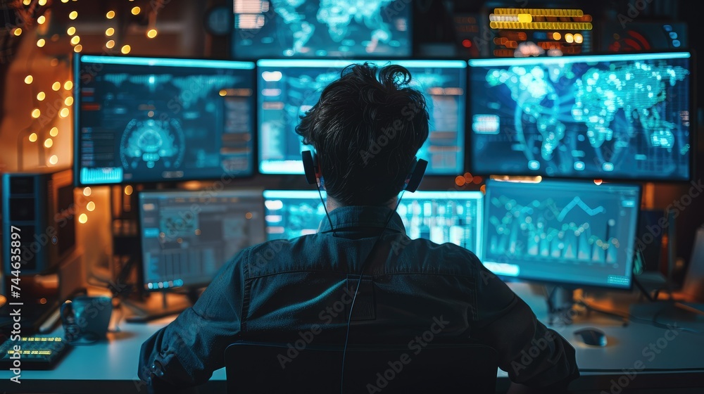 Leinwandbilder a researcher sitting in front of multiple computer screens, analyzing complex data late into the nig