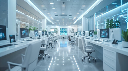 A modern office filled with high-tech computers, sleek designs, brightly lit. Generative AI.