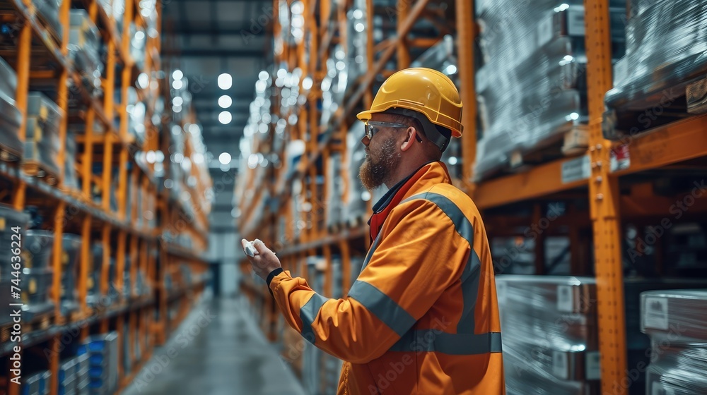 Leinwandbilder a large warehouse operator checking data at warehouse. generative ai.