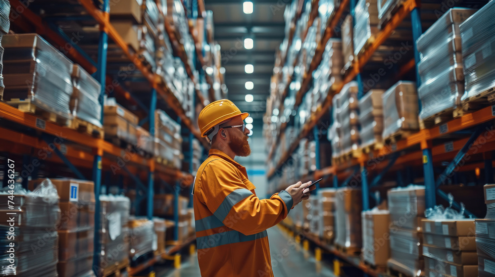 Poster A large warehouse operator checking data at warehouse. Generative AI.