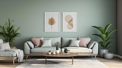 Interior of modern living room with grey sofa and plant - 3D Rendering
