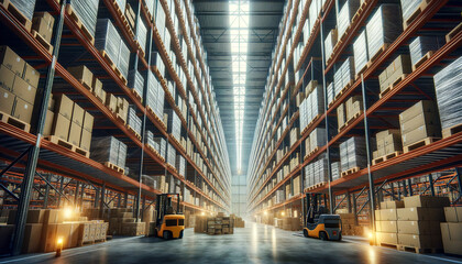 A vast warehouse interior with high shelves stacked with boxes, pallets, forklifts in the aisles, and a warm light filtering through skylights.Logistics concept.AI generated. - obrazy, fototapety, plakaty