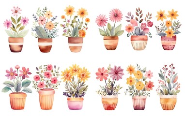 Obraz na płótnie Canvas watercolor painting style illustration of cute boho flower pot plants collection set isolated on white background, Generative Ai