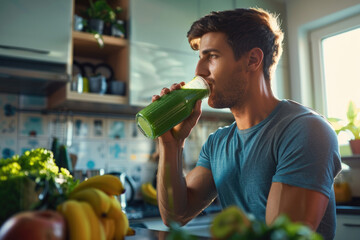 Healthy athletic man drinking green smoothie post workout at home, healthy life concept