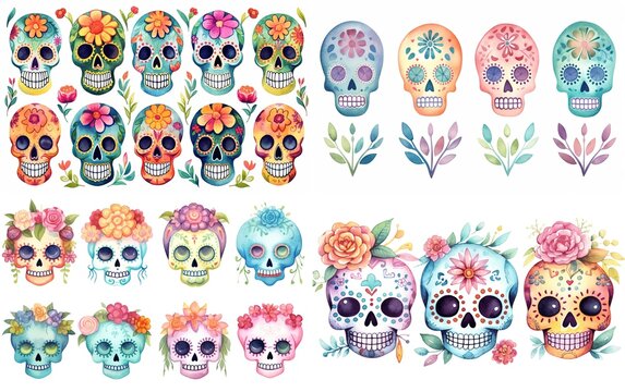 watercolor cartoon cute skeleton skull decorated with make up and spring flower headdress, día de los muertos, day of the dead, collection set isolated on white background, Generative Ai