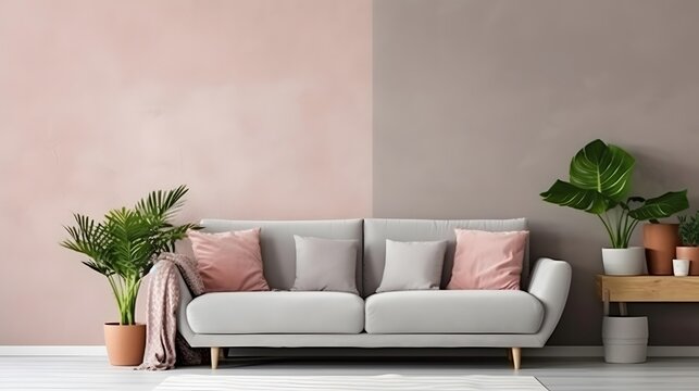 Modern living room interior with grey sofa and plants, 3d render